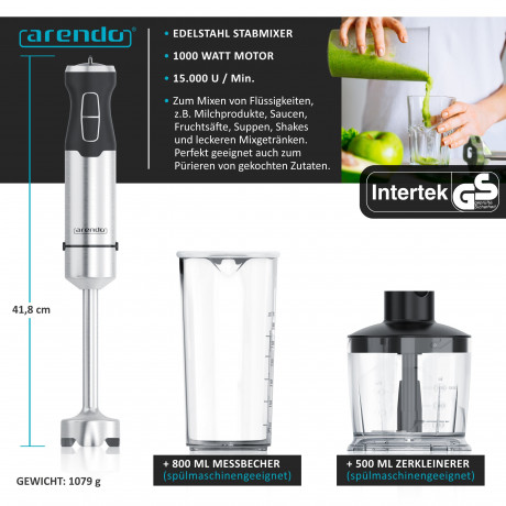 Arendo Arendo Stabmixer, 1000 W, Set, Edelstahl, vierflugeliges Messer, Purierstab, 600 ml Messbecher  Ручной блендер Arendo, 1000 Вт, набор, нержавеющая сталь, нож с четырьмя лезвиями, палочка для очистки, мерный стакан 600 мл.