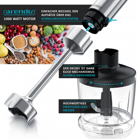Arendo Arendo Stabmixer, 1000 W, Set, Edelstahl, vierflugeliges Messer, Purierstab, 600 ml Messbecher  Ручной блендер Arendo, 1000 Вт, набор, нержавеющая сталь, нож с четырьмя лезвиями, палочка для очистки, мерный стакан 600 мл.