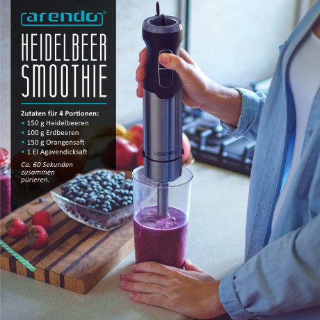 Arendo Arendo Stabmixer, 1000 W, Set, Edelstahl, vierflugeliges Messer, Purierstab, 600 ml Messbecher  Ручной блендер Arendo, 1000 Вт, набор, нержавеющая сталь, нож с четырьмя лезвиями, палочка для очистки, мерный стакан 600 мл.