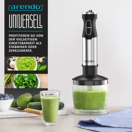 Arendo Arendo Stabmixer, 1000 W, Set, Edelstahl, vierflugeliges Messer, Purierstab, 600 ml Messbecher  Ручной блендер Arendo, 1000 Вт, набор, нержавеющая сталь, нож с четырьмя лезвиями, палочка для очистки, мерный стакан 600 мл.