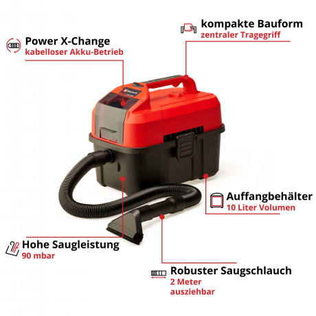 Einhell Einhell Nass-Trocken-Akkusauger TE-VC 18/10 Li-Solo, 900 W, mit Beutel, Power X-Change, ohne Akku und Ladegerat Беспроводной пылесос Einhell для влажной и сухой уборки TE-VC 18/10 Li-Solo, 900 Вт, с сумкой, Power X-Change, без аккумулятора и заря