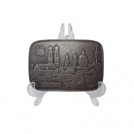 Декоративное панно винтажное Buderus, Modell Mootz, металлическое панно с объемным рельефным изображением г.Мюнхена в год XX Олимпийских игр, 17 x 12 см, Германия, 1974гг.