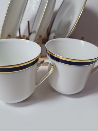 Hutschenreuther Arzberg Bavaria Винтажный кофейный набор на 4 персоны, белый фарфор с синим ободком и позолотой, Германия, 1960-70гг.
