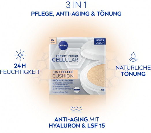 NIVEA Expert Finish Cellular 3in1 Pflege Cushion 01 Hell, 15 g, Нивеа кушон SPF 15 гиалуроновая кислота, витамин E, креатин 15 г