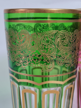 Стаканы винтажные Albena Morokko из цветного стекла с золотистым декором, 5 шт.х 13,5 см и 1 шт.х 10 см, Германия, 1960-70гг.