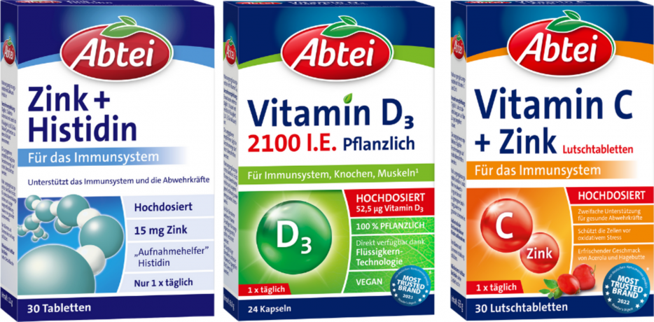 Abtei Vorteilspack Abwehrboost fuer die Erkaeltungszeit 3 Produkte: 30 Tabletten + 24 Kapseln + 30 Lutschtabletten, Abtei Набор пищевых добавок для поддержки иммунитета: цинк с гистидином, растительный витамин D3 и витамин C с цинком, 3 средства: 30 табле