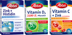 Abtei Vorteilspack Abwehrboost fuer die Erkaeltungszeit 3 Produkte: 30 Tabletten + 24 Kapseln + 30 Lutschtabletten, Abtei Набор пищевых добавок для поддержки иммунитета: цинк с гистидином, растительный витамин D3 и витамин C с цинком, 3 средства: 30 табле