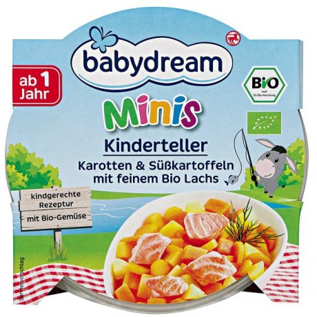 babydream Minis Bio Menu Kinderteller "Karotten и Susskartoffeln mit feinem Bio Lachs" 250 г
