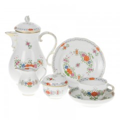 Meissen Meissen  'Neuer Ausschnitt - Indische Blumenmalerei zweiteilig bunt Kupferfarben mit Goldrand' Kaffeeservice 6 Personen 21-tlg. Meissen &quot;New Neckline - Indian Flower Painting, двухсекционный, красочный, цвета меди с золотой каймой&quot; кофейный сервиз