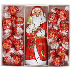Lindt Weihnachtsmann Geschenkbox 450g Подарочный набор с фигуркой Деда Мороза  и шариками альпийского молочного шоколада, 450 грамм