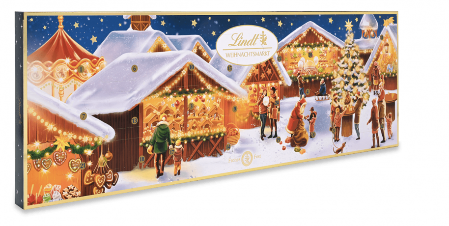 Lindt Weihnachtsmarkt 2025 Adventskalender 250g, Линдт Адвент-календарь, 24 сладких сюрприза, 75см х 25см, 250 г