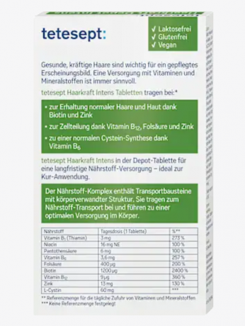 tetesept Haarkraft Intens Mini-Tabletten 30st, Комплекс с биотином, цинком и фолиевой кислотой для здоровья волос, 30 мини таблеток