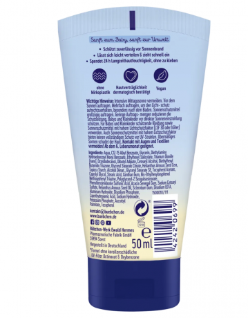 Bubchen Gesichtscreme sensitiv LSF 50+, Солнцезащитное молочко для младенцев и детей с фактором защиты SPF 50+, с витамином Е и маслом подсолнечника, водостойкое, для лица и тела, 50 мл