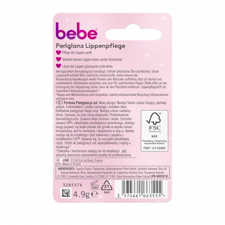 bebe Lippenpflege Perlglanz, 4,9 g, bebe бальзам для губ с перламутровым сиянием, маслом ши и экстрактом розы, 4,9 г