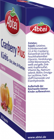 Abtei Cranberry Plus Kuerbis Femina Kapseln 30 Kapseln (27,5 g), Abtei Женские капсулы с клюквой, тыквенным экстрактом и нутриентами для слизистых и соединительной ткани, 30 капсул (27,5 г)