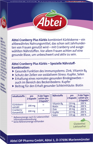 Abtei Cranberry Plus Kuerbis Femina Kapseln 30 Kapseln (27,5 g), Abtei Женские капсулы с клюквой, тыквенным экстрактом и нутриентами для слизистых и соединительной ткани, 30 капсул (27,5 г)