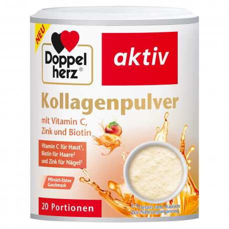 Doppelherz Kollagenpulver mit Pfirsich-Eistee Geschmack, Pulver, 150 g, Говяжий коллаген с витамином C, цинком и биотином для кожи, волос и ногтей, порошок со вкусом персикового холодного чая, 150 г, 20 порций