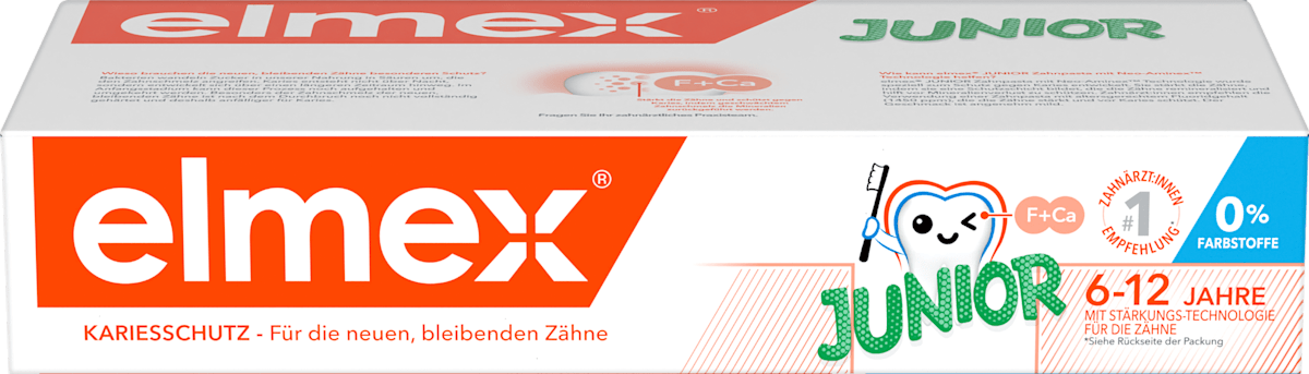 elmex Zahnpasta Kinder Junior 6-12 Jahren (2x75ml), 150 ml, Детская зубная паста Junior для укрепления эмали, 6–12 лет, 2 × 75 мл