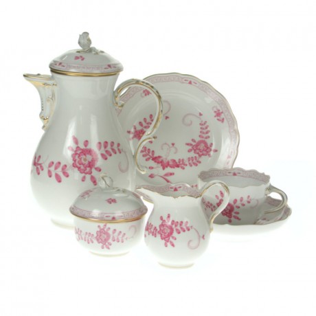 Meissen Meissen Neuer Ausschnitt - Indische Malerei 2 mit Kante purpur Goldpunkte mit Goldrand Kaffeeservice 6 Personen 21-tlg. Meissen New Section - Индийская роспись 2 с кантом пурпурно-золотые точки с золотым ободком Кофейный сервиз на 6 персон 21 шт.
