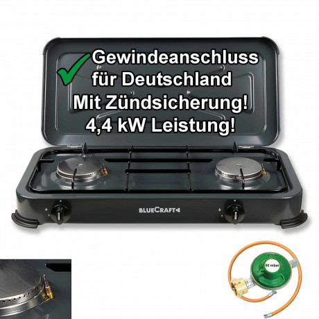 BlueCraft BlueCraft Gaskocher, (Gas-Kochfeld 2 flammen Propangas mit Schlauch und Druckminderer), Campingkocher 2-flammig mit Zundsicherung Gasschlauch Gasregler Газовая плита BlueCraft, (газовая плита, 2 пламени, пропан, со шлангом и редуктором), походн