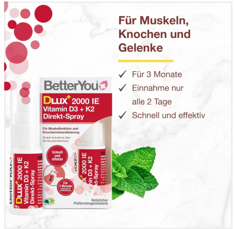 Витамин D3 + K2 BetterYou 2000 МЕ Витамин Д3 и К2 для иммунитета и костей, спрей с мятным вкусом, 12 мл