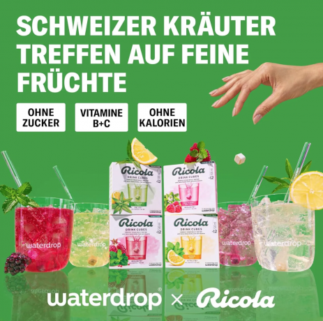 Ricola Waterdrop 12st x 4packs, растворимые кубики для напитков, с натуральными альпийскими травами и витаминами, без сахара, 12 шт x 4 упаковки 