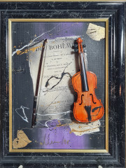 Картина винтажная "Скрипка" худ. Salvatore Coccia  / Die Boheme, черно-золотая рама, 31,5 x 25 см, Германия, 1960-1970гг.