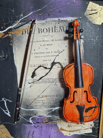 Картина винтажная "Скрипка" худ. Salvatore Coccia  / Die Boheme, черно-золотая рама, 31,5 x 25 см, Германия, 1960-1970гг.