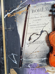 Картина винтажная "Скрипка" худ. Salvatore Coccia  / Die Boheme, черно-золотая рама, 31,5 x 25 см, Германия, 1960-1970гг.