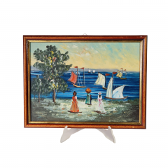 Картина винтажная "Девушки, наблюдающие за парусниками", масло, деревянная рама, 41,5 x 32 см, Германия, 1960-70гг.