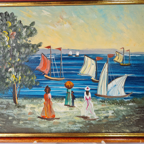 Картина винтажная "Девушки, наблюдающие за парусниками", масло, деревянная рама, 41,5 x 32 см, Германия, 1960-70гг.