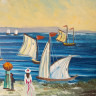 Картина винтажная "Девушки, наблюдающие за парусниками", масло, деревянная рама, 41,5 x 32 см, Германия, 1960-70гг.
