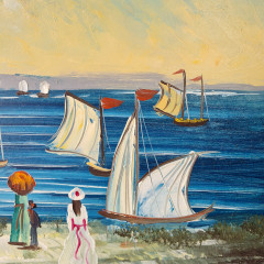 Картина винтажная "Девушки, наблюдающие за парусниками", масло, деревянная рама, 41,5 x 32 см, Германия, 1960-70гг.
