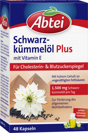 Abtei Schwarzkuemmeloel Plus Kapseln 48 Kapseln (34 g), Abtei Капсулы с маслом чёрного тмина и витамином E для защиты клеток, 48 капсул (34 г)