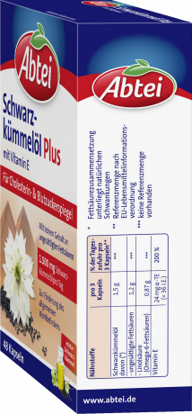 Abtei Schwarzkuemmeloel Plus Kapseln 48 Kapseln (34 g), Abtei Капсулы с маслом чёрного тмина и витамином E для защиты клеток, 48 капсул (34 г)