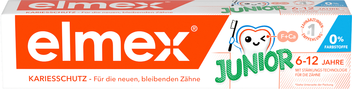 elmex Zahnpasta Kinder Junior, 6-12 Jahren, 75 ml, Детская зубная паста Junior для укрепления эмали и защиты от кариеса, 6–12 лет, 75 мл