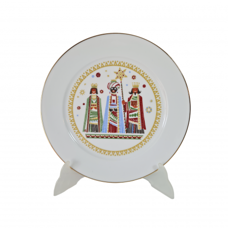 Тарелка декоративная винтажная H&C Selb Heinrich Bavaria, белый фарфор с разноцветным изображением трех королей, 24,5 x 2,5 см, Германия, 1960-70гг.