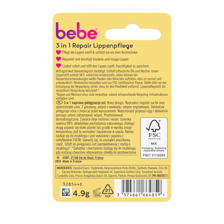bebe Lippenpflege 3in1 Repair, 4,9 g, bebe восстанавливающий бальзам для губ 3 в 1 с глицерином, маслом авокадо и миндаля, 4,9 г