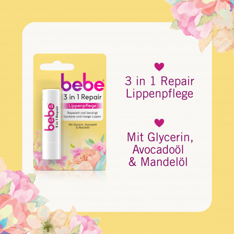 bebe Lippenpflege 3in1 Repair, 4,9 g, bebe восстанавливающий бальзам для губ 3 в 1 с глицерином, маслом авокадо и миндаля, 4,9 г