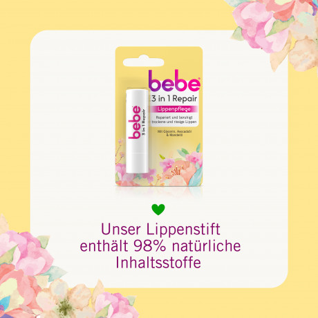 bebe Lippenpflege 3in1 Repair, 4,9 g, bebe восстанавливающий бальзам для губ 3 в 1 с глицерином, маслом авокадо и миндаля, 4,9 г