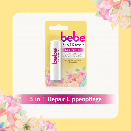bebe Lippenpflege 3in1 Repair, 4,9 g, bebe восстанавливающий бальзам для губ 3 в 1 с глицерином, маслом авокадо и миндаля, 4,9 г