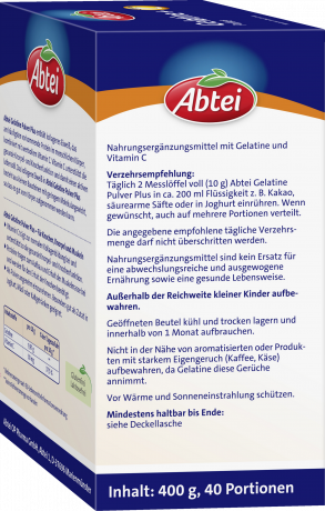 Abtei Gelatine Plus Pulver 400 g (4 x 100 g), Abtei Порошок желатина с витамином C для костей, хрящей и мышц, 400 г (4 × 100 г)