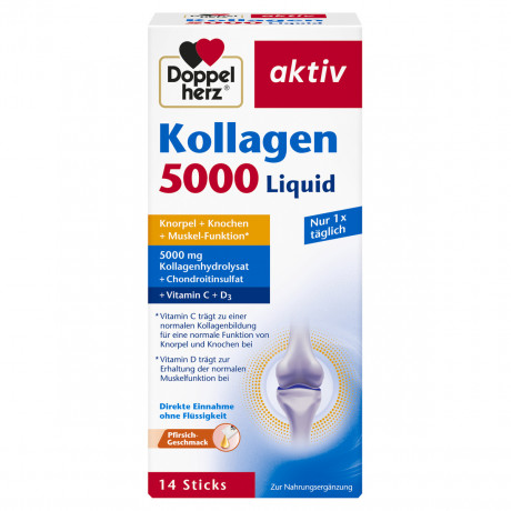 Doppelherz Kollagen 5000 Liquid, 14 Sticks x 10 ml, 140 ml, Коллаген 5000 мг с хондроитином, витаминами C, D и марганцем для хрящей, костей и мышц, питьевые стики со вкусом персика, 14 шт. по 10 мл
