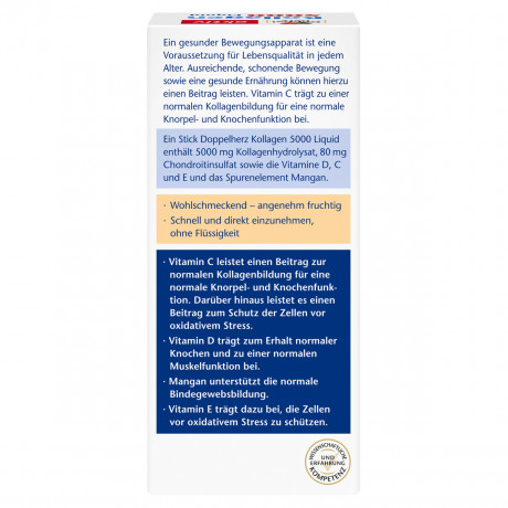 Doppelherz Kollagen 5000 Liquid, 14 Sticks x 10 ml, 140 ml, Коллаген 5000 мг с хондроитином, витаминами C, D и марганцем для хрящей, костей и мышц, питьевые стики со вкусом персика, 14 шт. по 10 мл