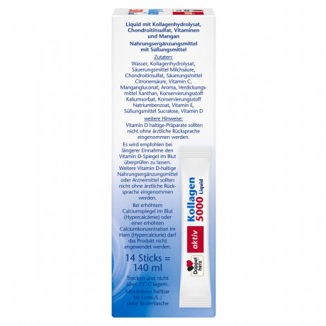 Doppelherz Kollagen 5000 Liquid, 14 Sticks x 10 ml, 140 ml, Коллаген 5000 мг с хондроитином, витаминами C, D и марганцем для хрящей, костей и мышц, питьевые стики со вкусом персика, 14 шт. по 10 мл