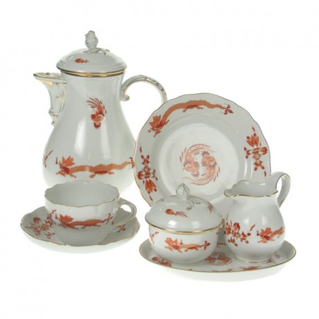 Meissen Meissen Neuer Ausschnitt - Reicher Drache rot goldschattiert mit Goldrand Kaffeeservice 6 Personen 22-tlg. Meissen New Cut - Богатое красное золото с оттенком драконьего золота с золотым ободком Кофейный сервиз на 6 персон 22 шт.