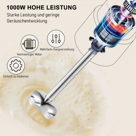 CALIYO CALIYO Stabmixer Stabmixer Set,4 in 1 Stabmixer, 1000 Watt mit 5 Geschwindigkeiten Einstellbar Purierstab Edelstahl  Ручной блендер CALIYO, набор ручных блендеров, ручной блендер 4 в 1, мощность 1000 Вт, 5 скоростей, регулируемый очищающий стержень