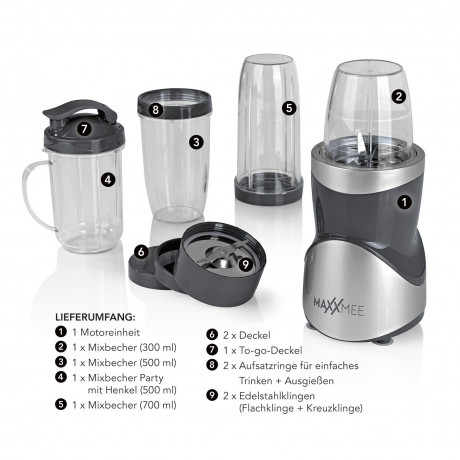 MAXXMEE MAXXMEE Smoothie-Maker Multifunktionaler Mixer 12-tlg Set Edelstahlklingen inkl. To-Go Deckel, 380,00 W, mit 8 Funktionen, mit verschiedenen Mixbechergrossen Многофункциональный блендер MAXXMEE Smoothie Maker, набор из 12 лезвий из нержавеющей ст