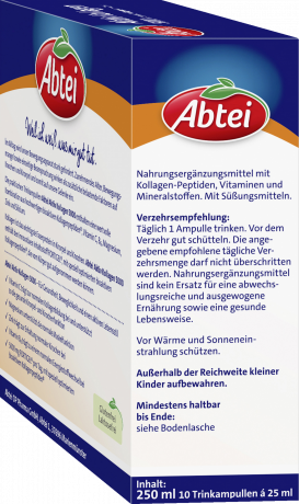Abtei Aktiv Kollagen 5.000 Trinkampullen 10 Trinkampullen x 25 ml (250 ml), Abtei Питьевой коллаген 5000 мг с витаминами и минералами для хрящей, костей и мышц, 10 питьевых ампул × 25 мл (250 мл)