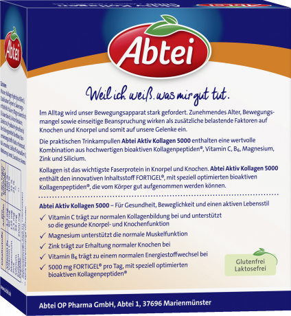 Abtei Aktiv Kollagen 5.000 Trinkampullen 10 Trinkampullen x 25 ml (250 ml), Abtei Питьевой коллаген 5000 мг с витаминами и минералами для хрящей, костей и мышц, 10 питьевых ампул × 25 мл (250 мл)